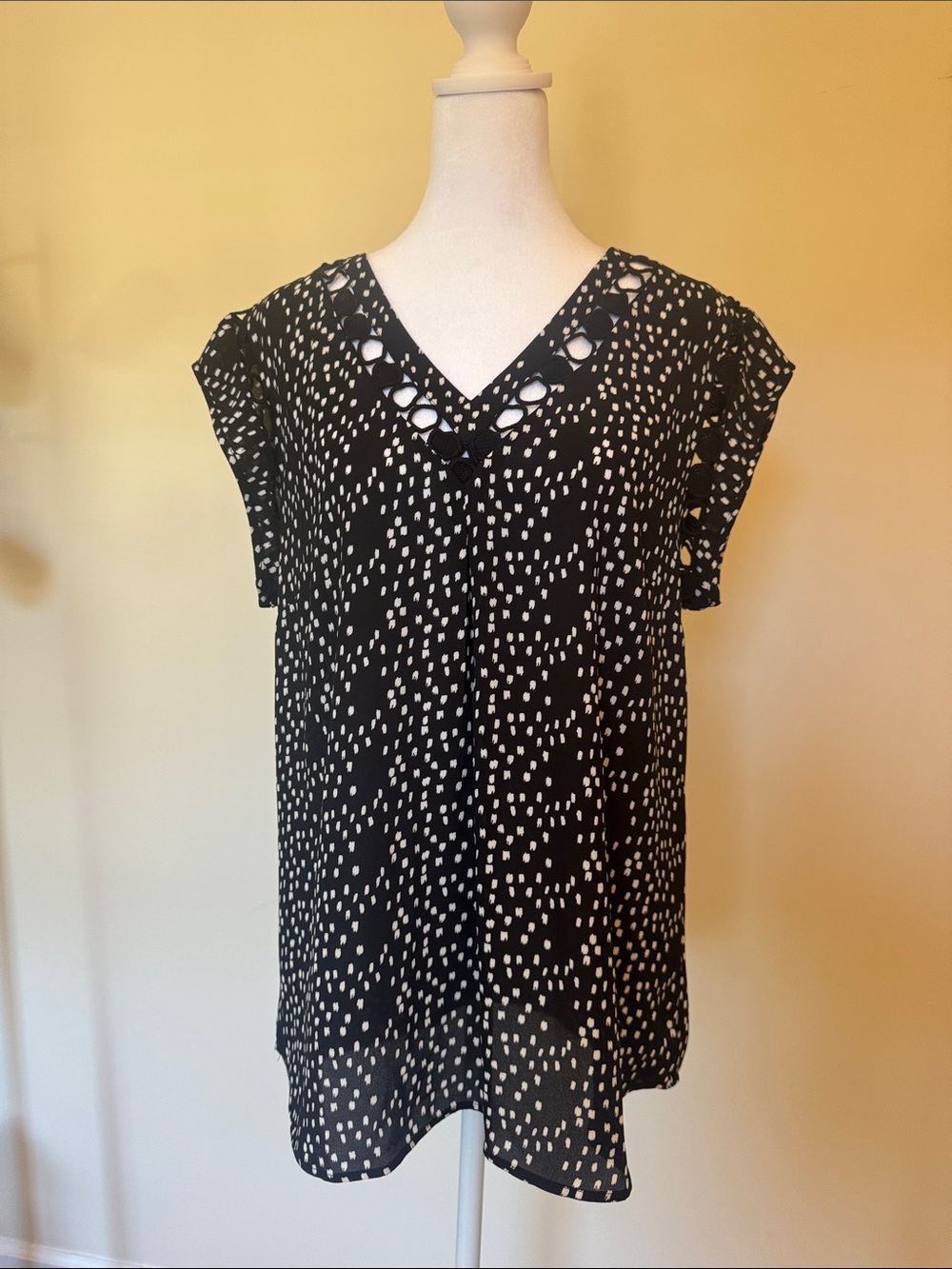 Daniel Rainn Black and White Dot V-Neck Cutout Blouse
